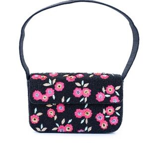 Floral Beaded Black Shoulder Bag